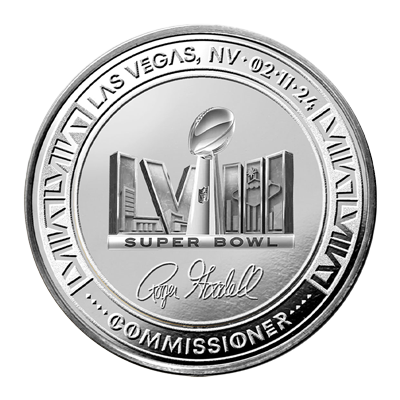 A picture of a 1 oz Super Bowl Silver Flip Coin (2024)